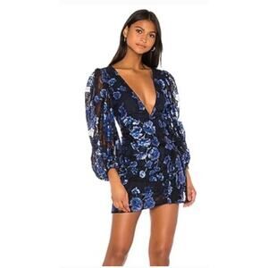For Love and Lemons Victoria Blue Sequin Floral Mini Dress. Xsmall
